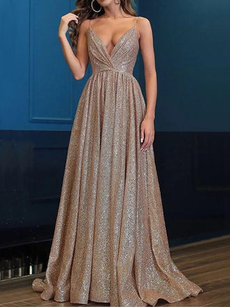 Charming Spaghetti Straps V-neck A-line Sparkly Modest Prom Dresses, PD0931