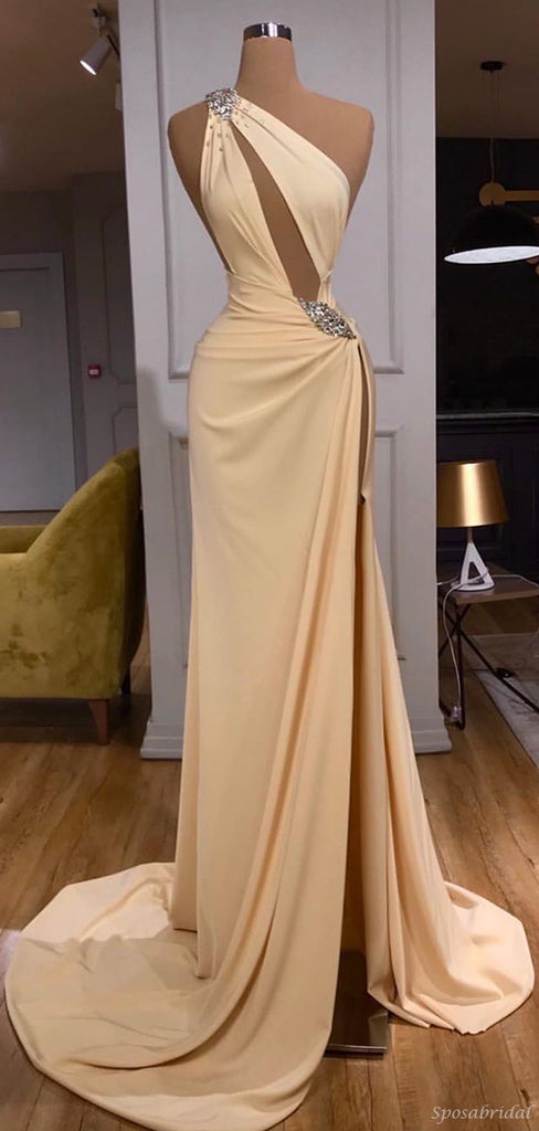 Elegant One Shoulder ChampagneFashion Mermaid Prom Dresses PD2371