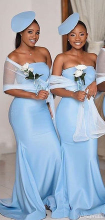 Baby Blue Modest Sexy Strapless Mermaid Long Bridesmaid Dress, WG898