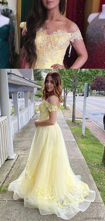 Baby Yellow Lace Top Sweetheart A-line Organza A-line Elegant Long Prom Dress, PD3260