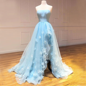 Blue Floral Spaghetti Straps Straight-across High-low Side-slit Long Prom Dress, PD3290