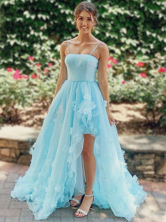 Blue Floral Spaghetti Straps Straight-across High-low Side-slit Long Prom Dress, PD3290
