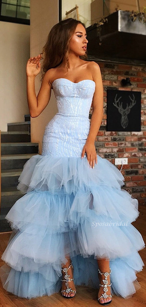 Blue Sexy Strapless Sweetheart Lace Top Tulle Asymmetric Mermaid Long Prom Dress, PD3465