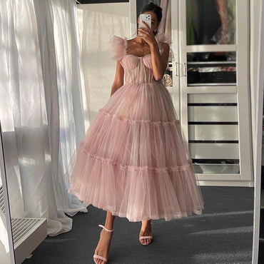 Blush Pink Ruffle Straps A-line Tea-length Tulle Prom Dress, Princess Gown, PD3332