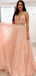 Blush Pink Shiny Spaghetti Straps V-neck A-line Long Prom Dress, PD3235