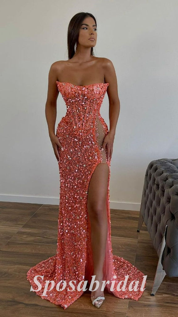 Sexy Sequin Sweetheart Sleeveless Side Slit Mermaid Long Prom Dresses,PD3639