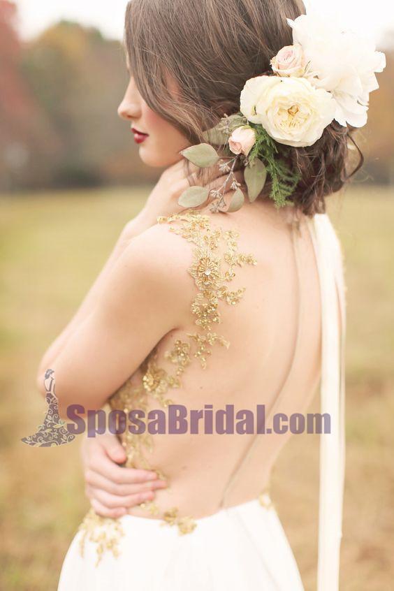 Custom Long Gold Stunning Chiffon Soft  Side Split Pretty Wedding dresses, Bridals Dress, PD0614