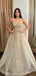 Champagne Strapless Lace Top A-line Sparkly Long Prom Dresses, PD3457