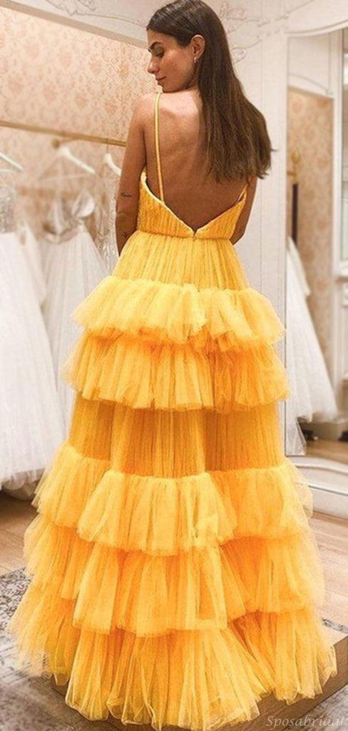 Charming V-neck Spaghetti-strap Ruffle A-line Long Prom Dress, PD3138