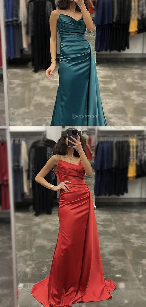 Red And Teal Green Strapless Pleats V-neck Strapless Mermaid Long Bridesmaid Dress, BD3245