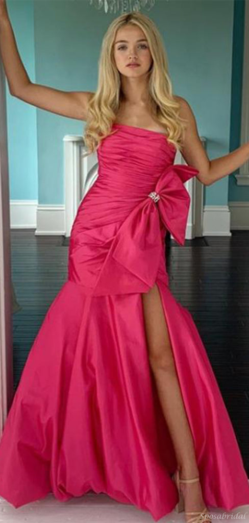 Cute Hot Pink Steaight-across Bow Tie Side-slit Mermaid Long Prom Dress, PD3236