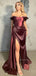 Dark Burgundy Sexy Off-shoulder Side-slit Mermaid Long Prom Dress, PD3553