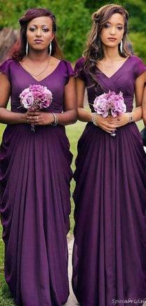 Deep Purple V-neck Short Sleeve Pleats Mermaid Long Bridesmaid Dress, WG786
