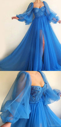 Unique A-line Blue Tulle Long Sleeves Modest Prom Dresses, PD2121