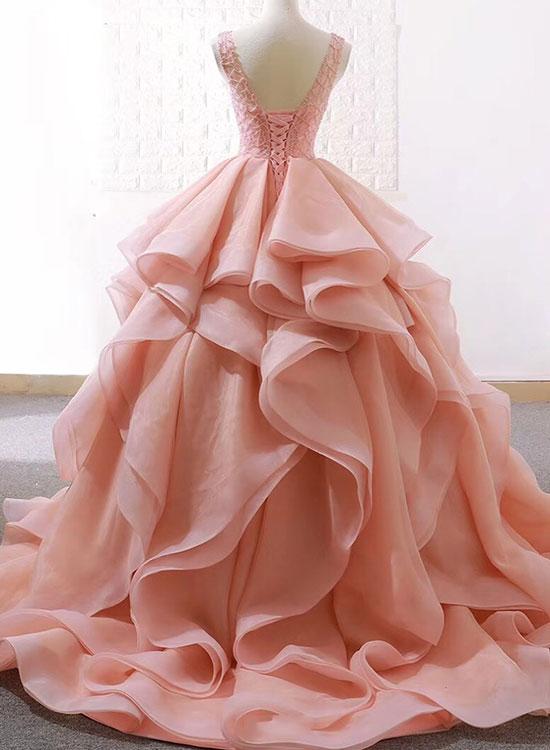 Sweet Pink Sleeveless Lace Jewel-neck A-line Long Ruffle Prom Dress, PD3033