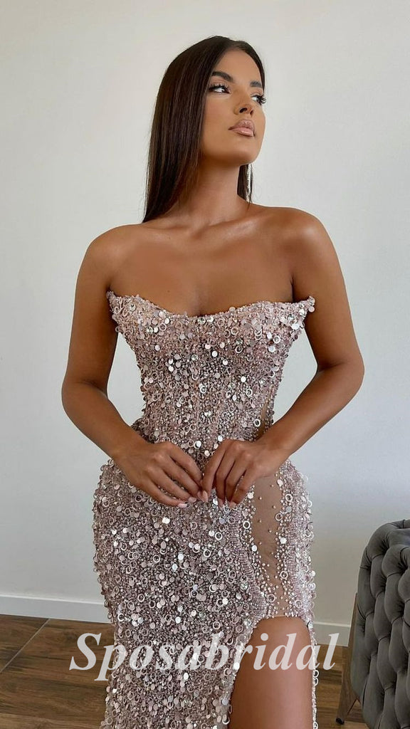 Sexy Sequin Sweetheart Sleeveless Side Slit Mermaid Long Prom Dresses,PD3638