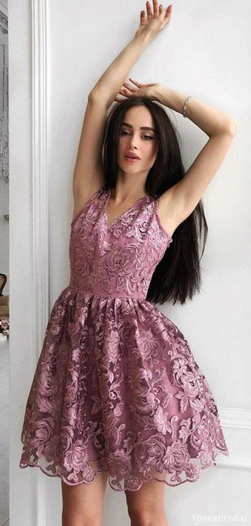 Elegant Sleeveless Mulberry Purple Floral Lace V-neck A-line Tulle Short Homecoming Dress, HD3045