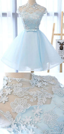 Elegant Baby Blue Illusion Lace Short Sleeve A-line Short Homecoming Dress, HD3040