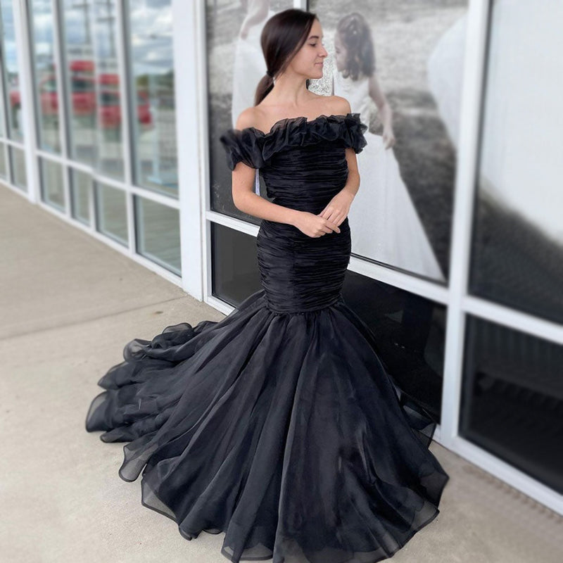 Elegant Black Pleats Off-shoulder Mermaid Trumpet Long Prom Dress, PD3395