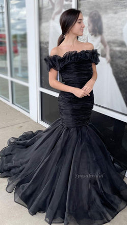 Elegant Black Pleats Off-shoulder Mermaid Trumpet Long Prom Dress, PD3395