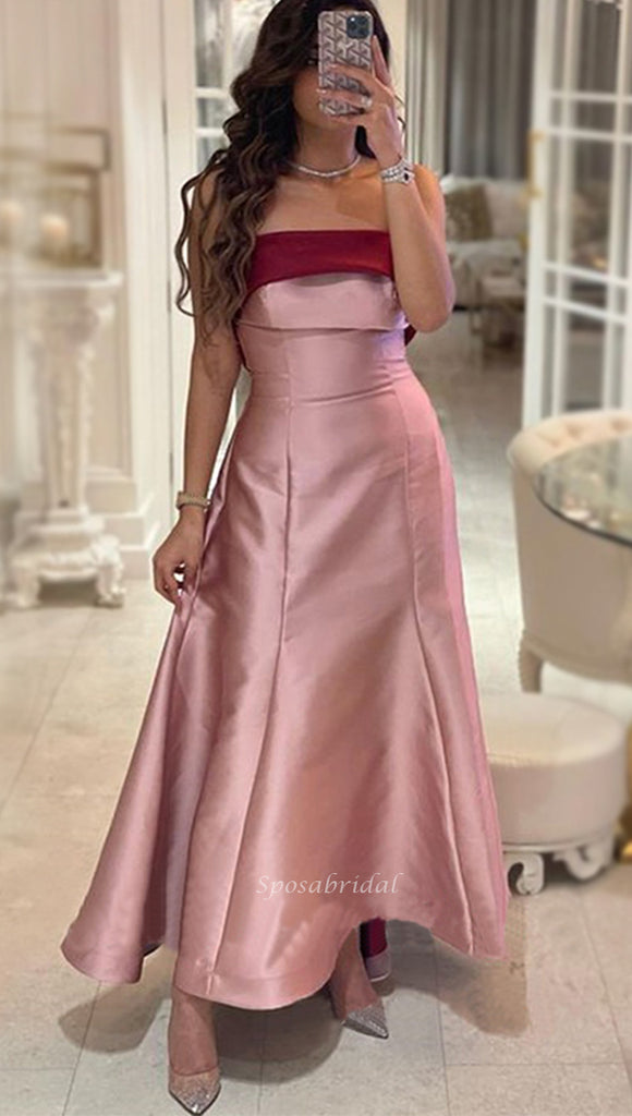 Elegant Burgundy Pink Straight-across A-line Sheath Long Prom Dress, PD3435