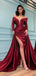 Elegant Burgundy V-neck Off-shoulder Side-slit Detachable Mermaid Long Prom Dress, PD3205