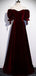 Elegant Burgundy Velvet Off-shoulder Short Sleeves Sweetheart Long A-line Prom Dress, PD3176