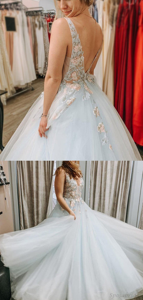 Elegant Floral Pale Blue V-neck Backless A-line Long Tulle Prom Dress, PD3137