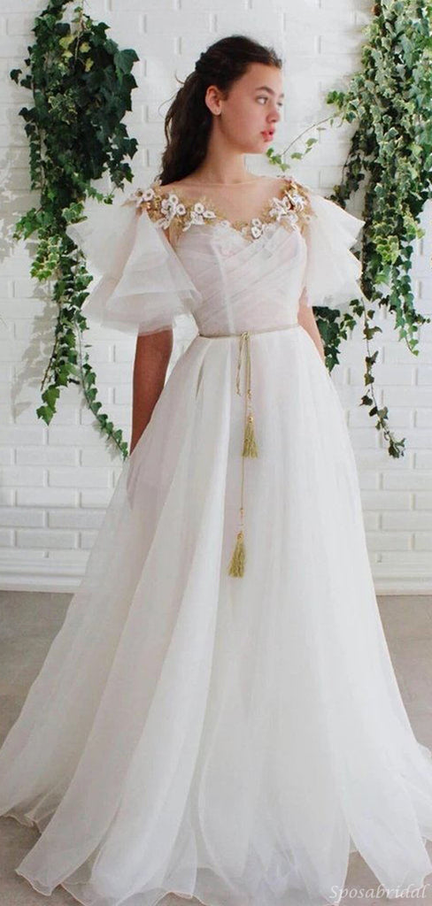 Elegant Floral Organza Ruffle Sleeve A-line Long Wedding Dress, WD3041