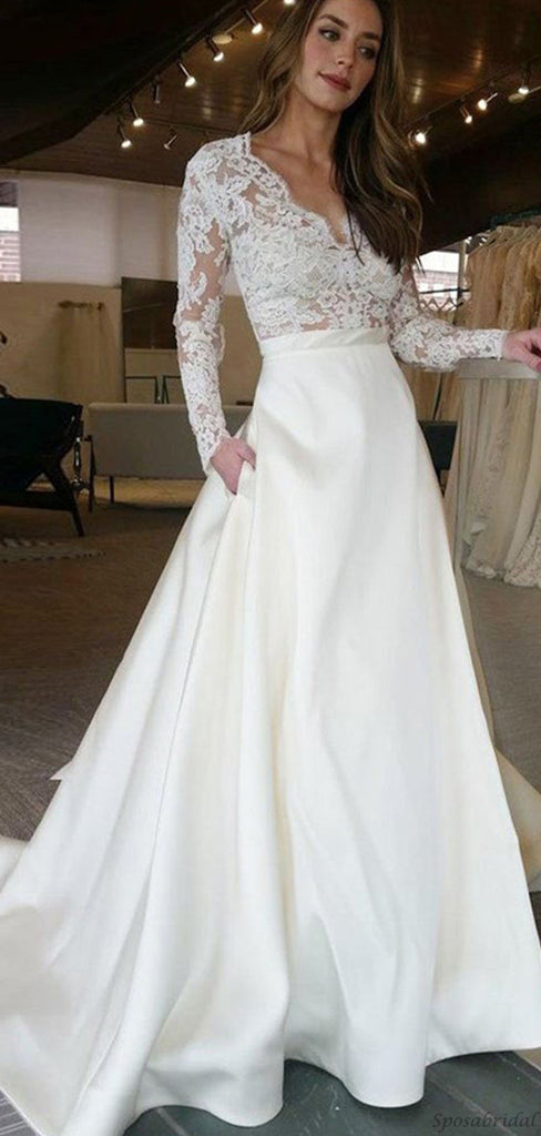 Elegant Full Lace Top V-neck Long Sleeves A-line Long Wedding Dress, WD3047