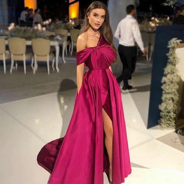 Elegant Fuschia One-shoulder Side-slit A-line Long Prom Dress, PD3356