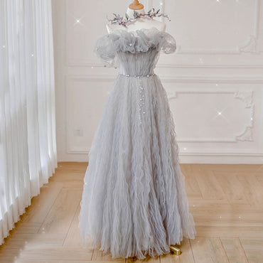 Elegant Gray Strapless Irregualr Pleats A-line Long Prom Dress, PD3390