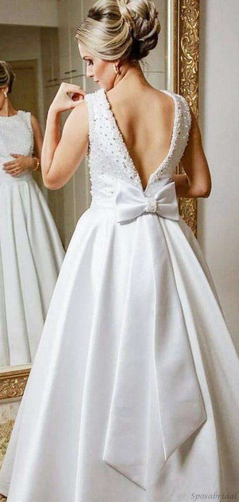 Elegant Jewel Neck Open Back With Bow Tie Beads Top A-line Long Wedding Dress, WD3046