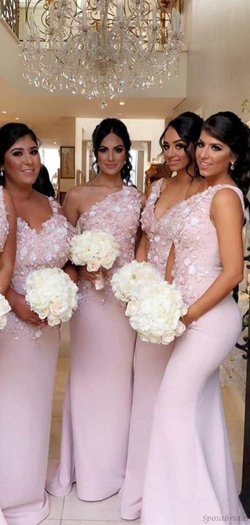 Elegant Mismatched Blush Pink Lace Top Mermaid Floor-length Bridesmaid Dresses, BD3173