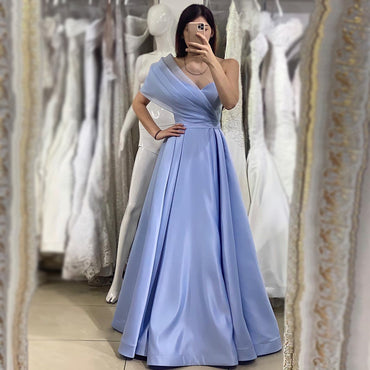 Elegant One-shoulder Light Blue A-line Simple Long Prom Dress, PD3392