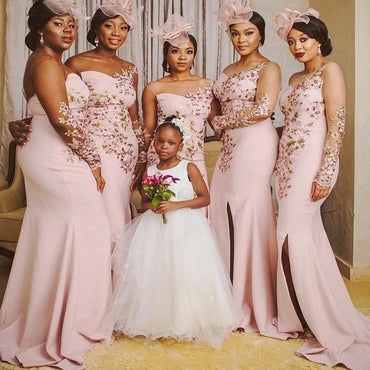 Elegant Pink One-shoulder Floral Lace Mermaid Side-slit Long Bridesmaid Dress, BD3224