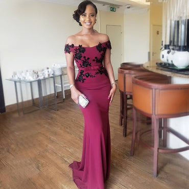 Elegant Mulberry Rose V-neck Lace Off-shoulder Mermaid Long Bridesmaid Dress, BD3225