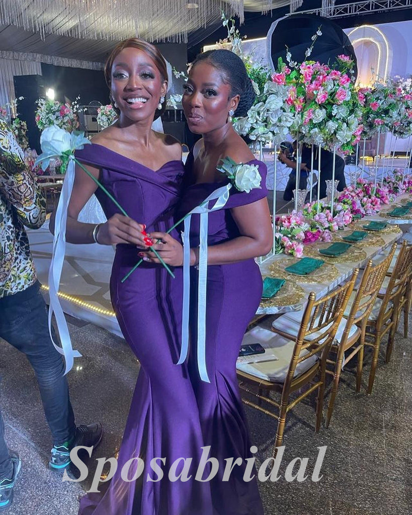 Sexy Off Shoulder V-Neck Soft Satin Sleeveless Mermaid Floor Length Bridesmaid Dresss, BD3287