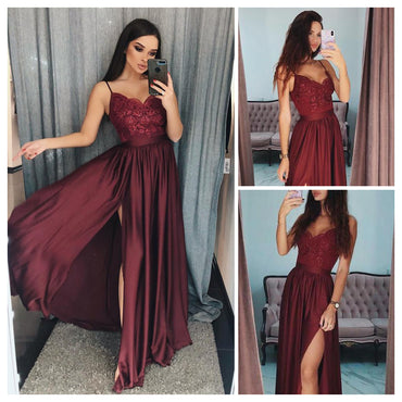 Sexy Burgundy Spaghetti Straps Lace Side-slit A-line Cheap Long Prom Dresses, PD0857