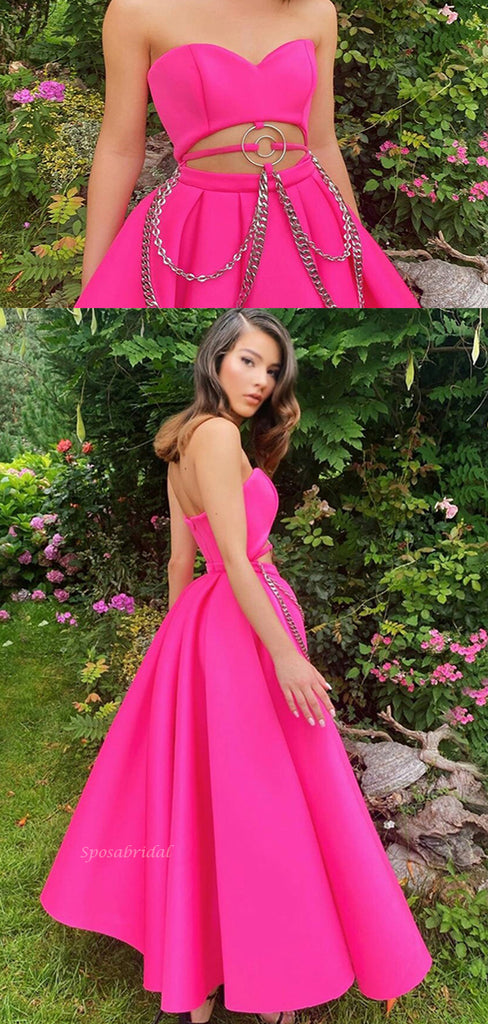 Fuchsia Strapless Sexy Sweetheart Hollow A-line Tea-length Prom Dress, PD3379