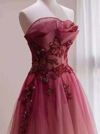 Gradient Dark Red Floral Lace Top A-line Long Prom Dress, PD3367