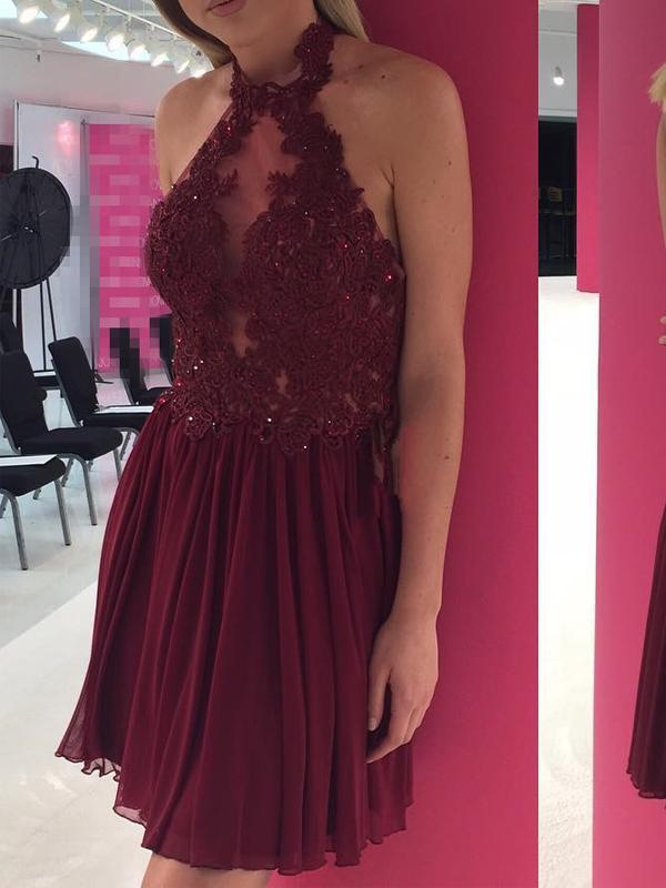 Sexy Backless Halter Chiffon Short Cheap Dark Red Homecoming Dresses 2018, CM520