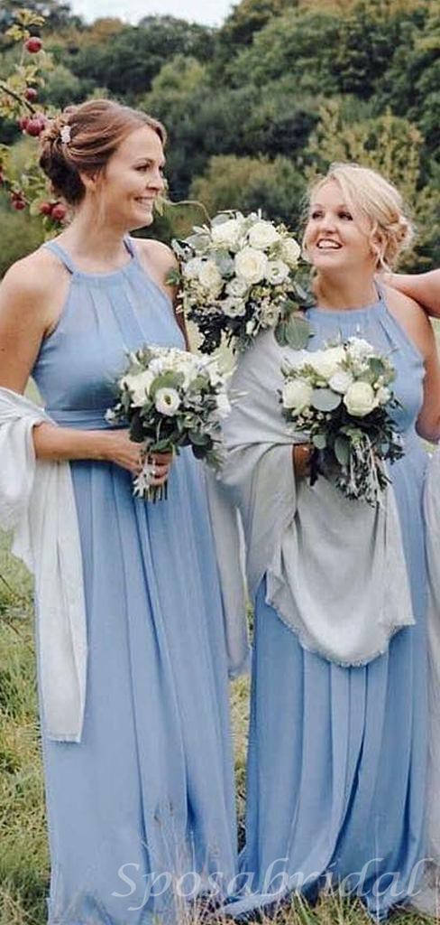 Halter Baby Blue Long A-line Chiffon Elegant Cheap Bridesmaid Dress, BD3042