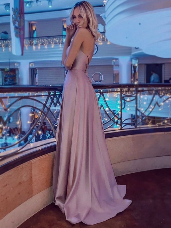 Halter Mauve Open Back Sexy Side-slit A-line Long Prom Dress, PD3466