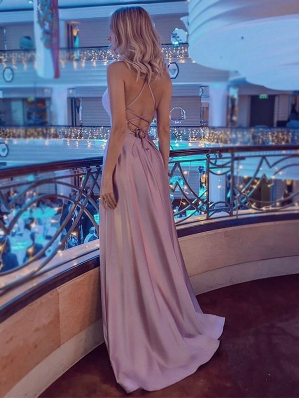 Halter Mauve Open Back Sexy Side-slit A-line Long Prom Dress, PD3466