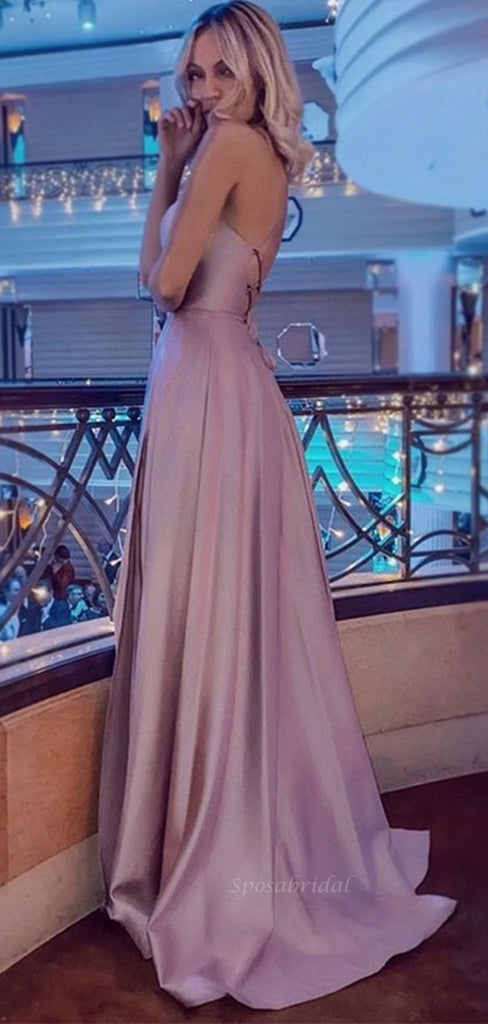 Halter Mauve Open Back Sexy Side-slit A-line Long Prom Dress, PD3466