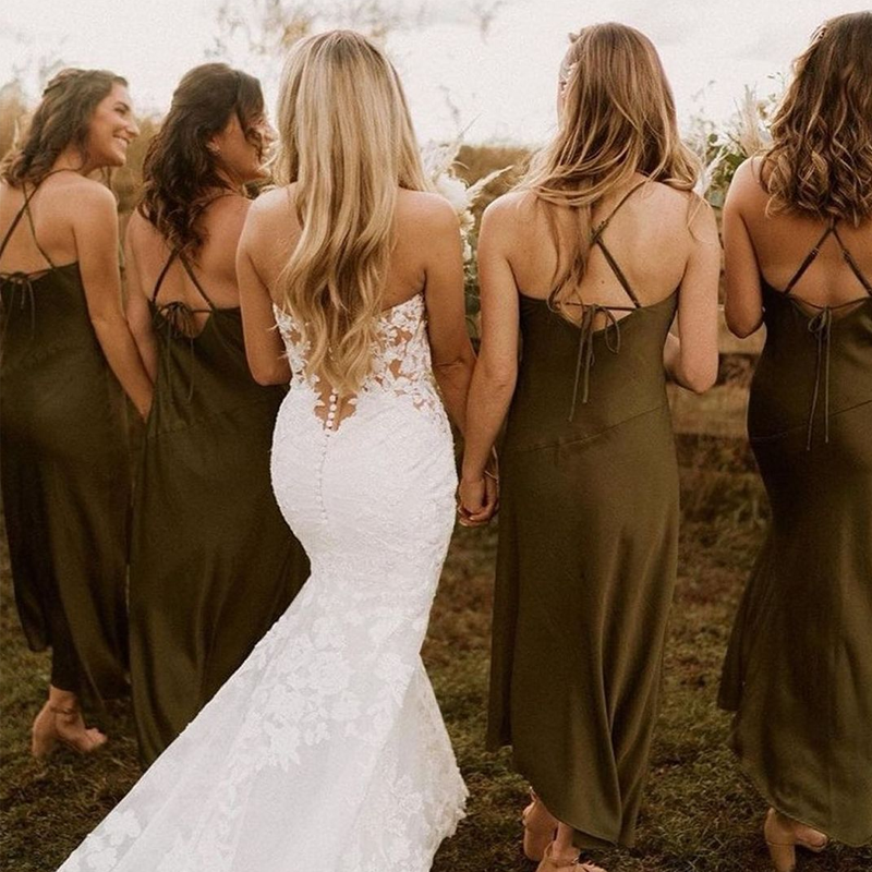 Dark Green Halter Spaghetti Strap Side Slit Knee Length Bridesmaid Dress, BD3007