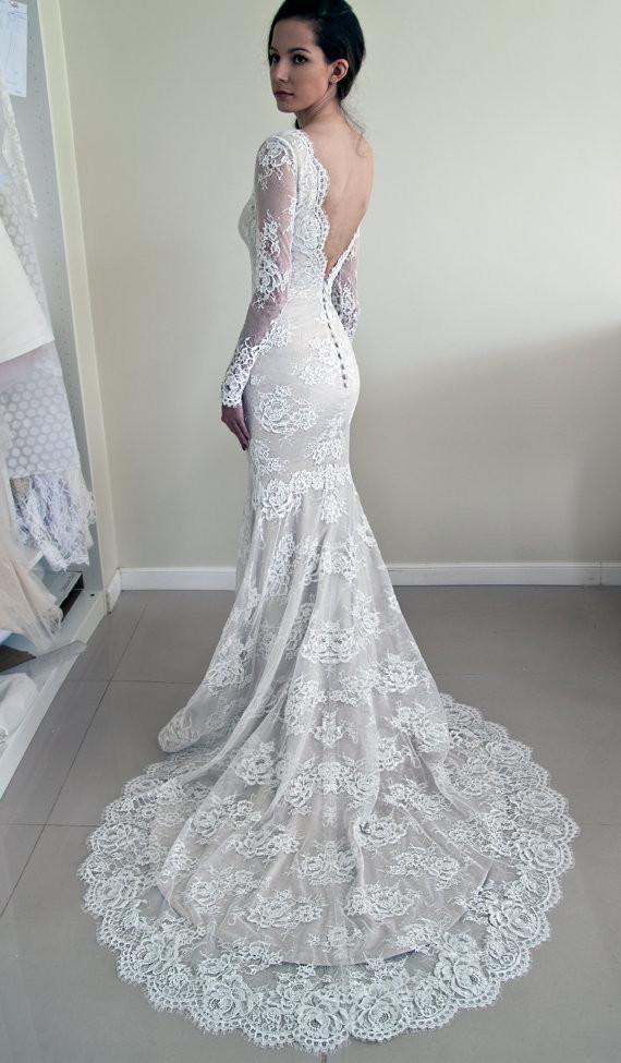 Long Sleeves Lace V-Back Elegant New Design Mermaid With Train Wedding Dresses,  WD0231