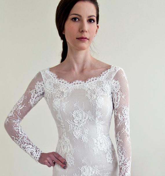 Long Sleeves Lace V-Back Elegant New Design Mermaid With Train Wedding Dresses,  WD0231