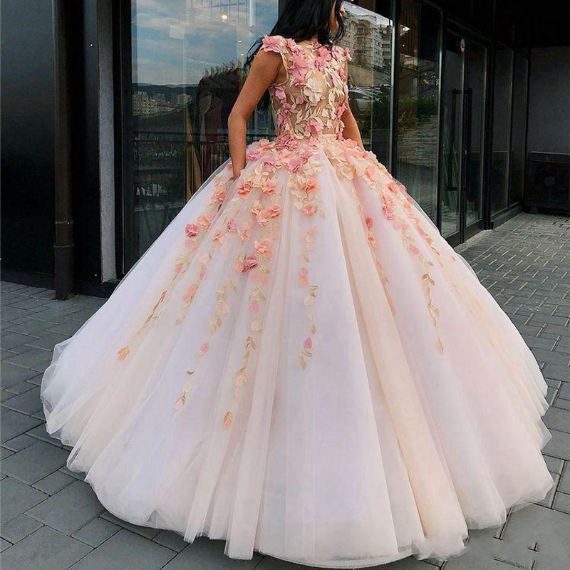 Illusion Flower Appliques A-line Ball Gown, Prom Party Dress, PD3094